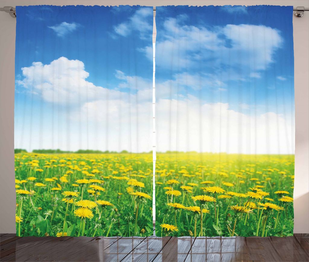 ABAKUHAUS Grün Rustikaler Vorhang, Feld Wiese, Wohnzimmer Universalband Gardinen mit Schlaufen und Haken, 280 x 245 cm, Grün Blau Gelb