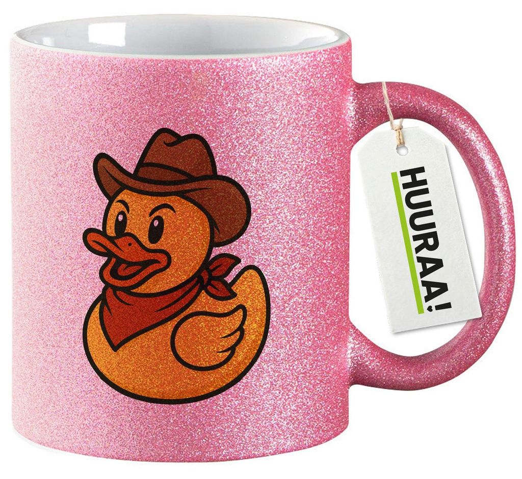 Huuraa Glitzertasse Quietscheente Cowboy Gummiente Wilder Westen 330ml Pink Keramik Kaffeebecher Geschenkidee