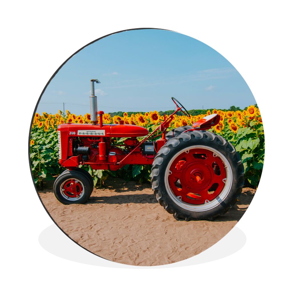 MuchoWow Aluminium Wandkreis Traktor - Rot - Sonnenblume - Bauernhof - Blumen Ø 90 cm Wanddeko Modern Wohnzimmer - Mauerkreis - Wandbilder - Run...