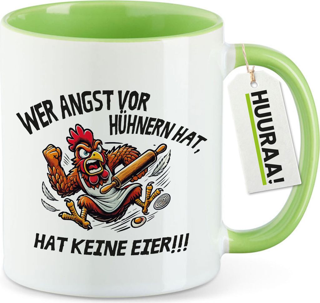 Huuraa Kaffeetasse Angst vor Hühnern, hat keine Eier grimmiger Hahn 330ml Grün Keramik Kaffeebecher Geschenkidee