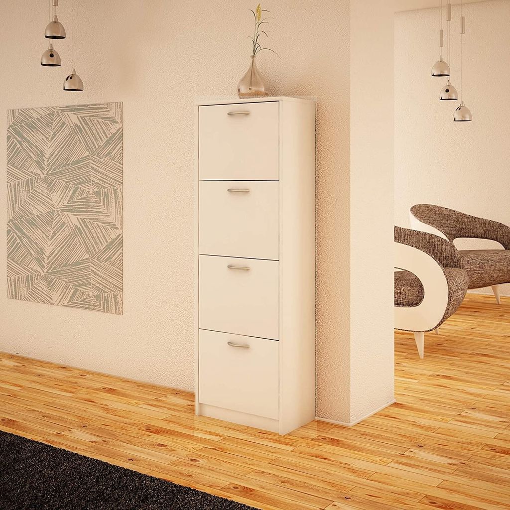 MATKAM Schuhschrank 4S, in schlichter Optik, B 50 x H 152 x T 28 cm, laminierte Möbelplatte 16 mm, mit Rückwand, 4 ausklappbare Schuhablagen (Weiß)