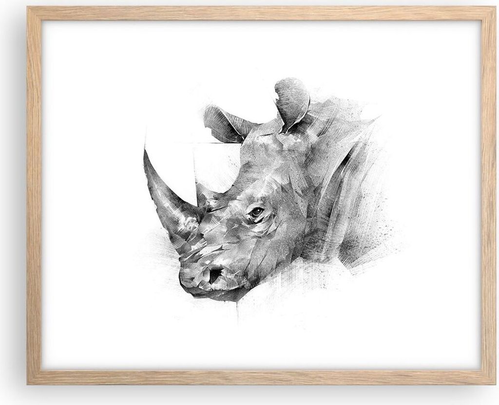 Gerahmtes Poster - Rahmen in heller Eiche - Nashorn Porträt Grafik - 50x40 cm - Wand Bild - Wanddeko - Wandbilder - Kunstposter - Wandposter - Bil...