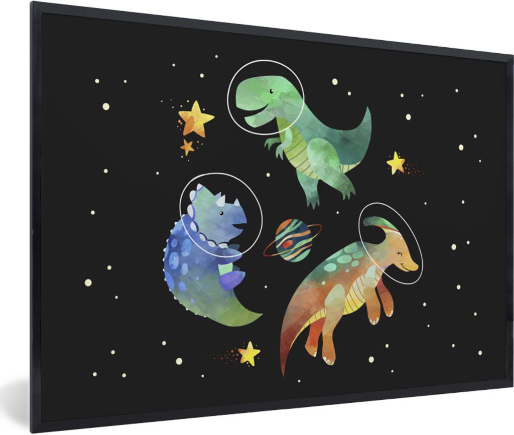 MuchoWow Gerahmtes Poster Sterne - Dinosaurier - Kind - Mädchen - Jungen - Kinder - Kinder 90x60 cm - Poster mit Schwarzem Bilderrahmen Wandpost...