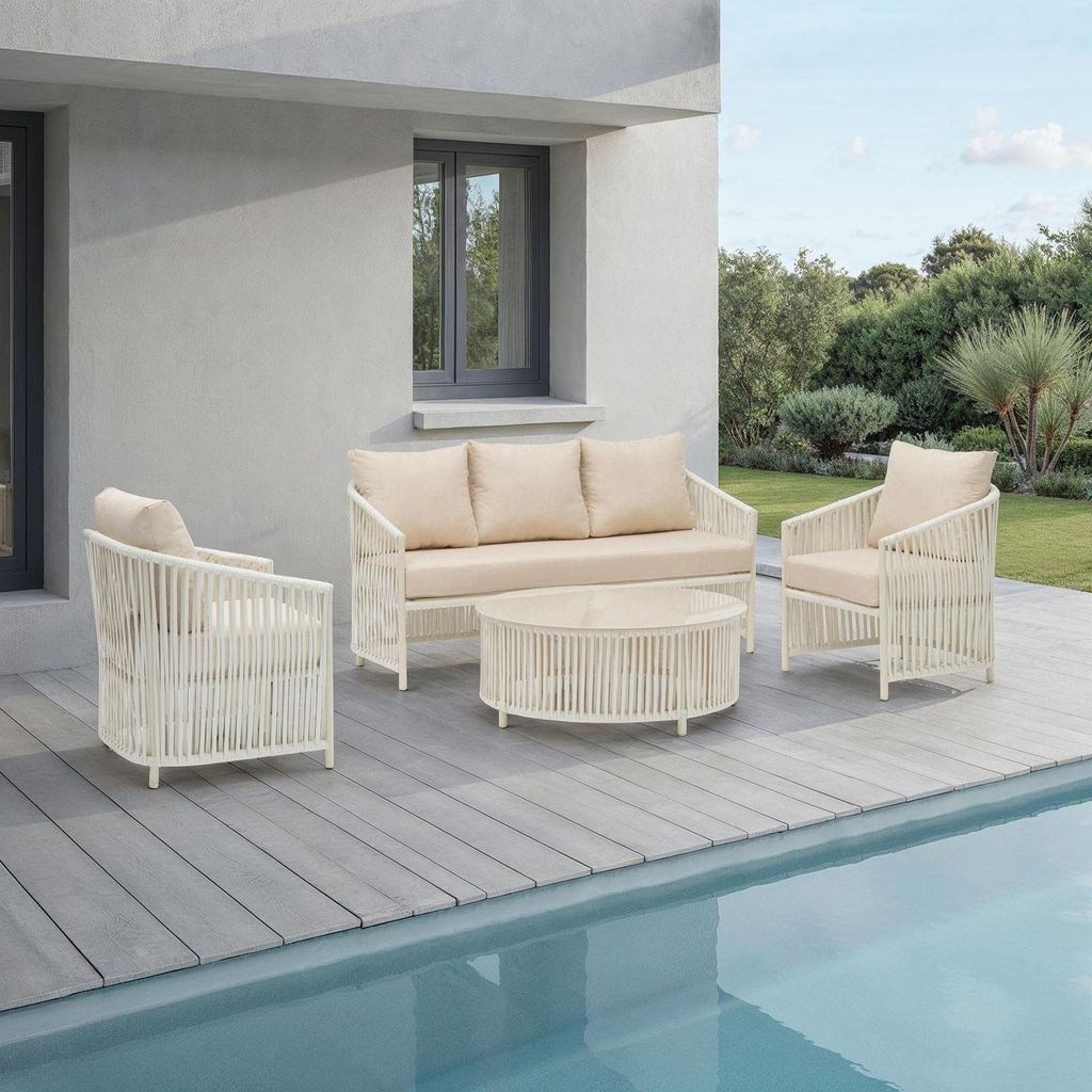 Outdoor Sofa Set KULO 4-teilig, weiß/beige – Lounge-Set aus Aluminium mit Rope-Bespannung, Couchtisch mit Glasplatte, inklusive 5 bequemer Kisse...