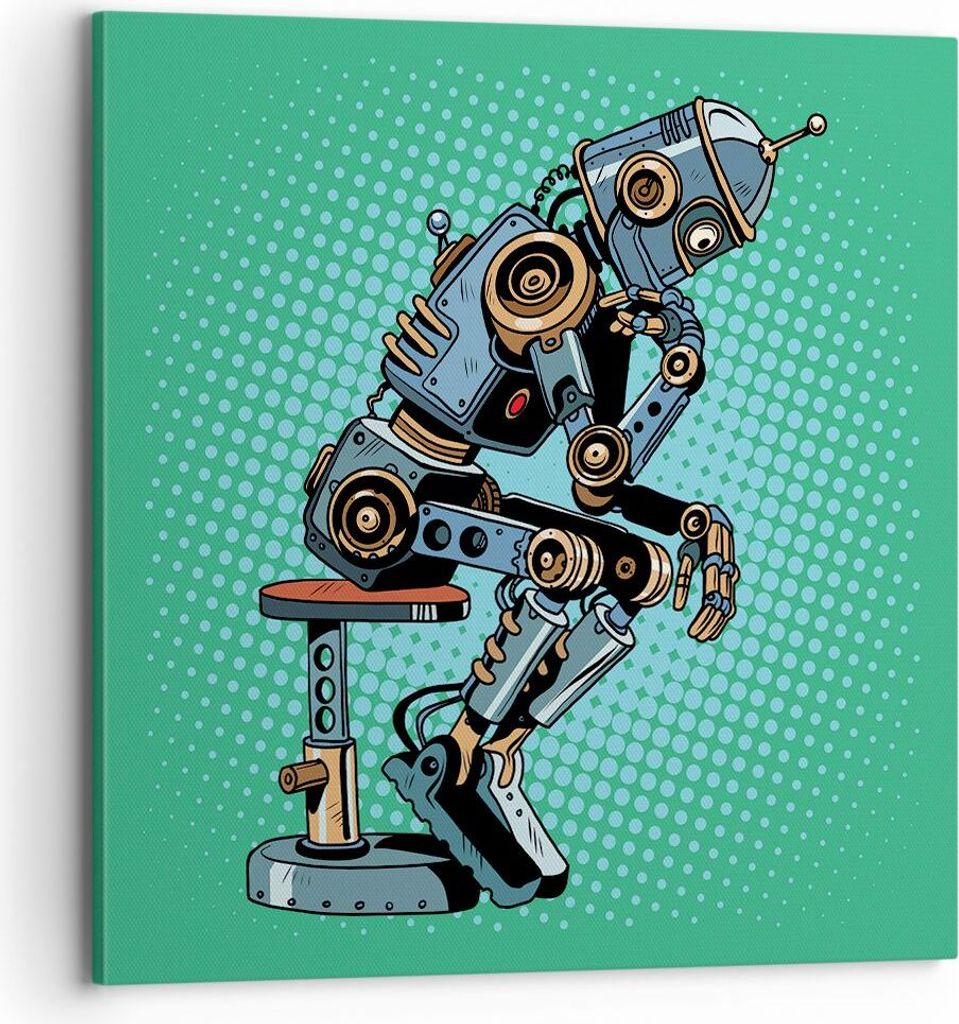 Bild auf Leinwand - Leinwandbild - Roboter Illustration Karikatur Comic - 70x70cm - Wand Bild - Wanddeko - Leinwanddruck - Bilder - Kunstdruck - Le...