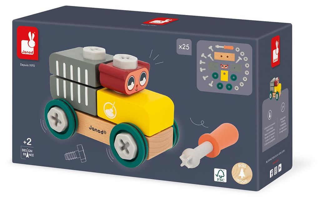 Janod Brico'Kids - Holz-Bauwagen mit Bär und Bausteinen - Lernspielzeug