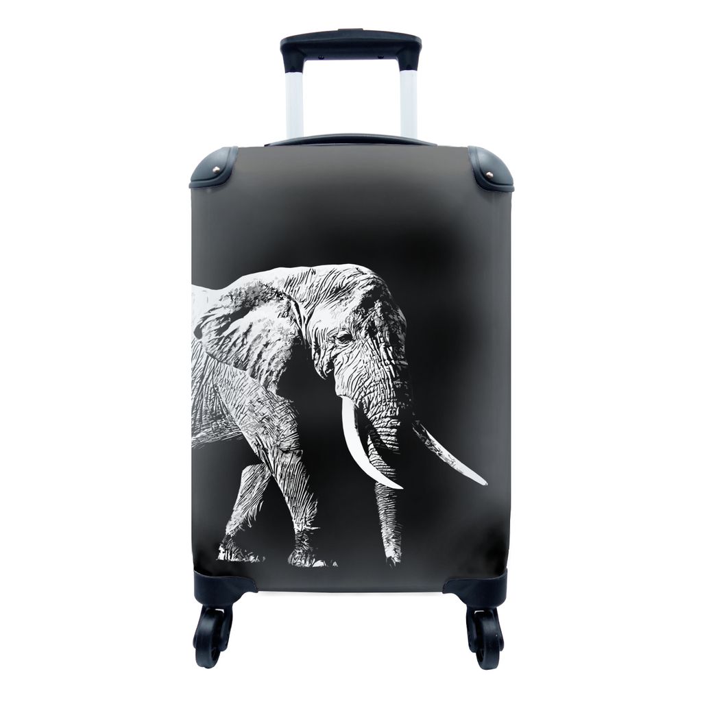 MuchoWow Koffer Handgepäck Trolley Rollkoffer Kleine Reisekoffer mit 4 Rollen - Elefant vor schwarzem Hintergrund - schwarz und weiß - Cabin Si...