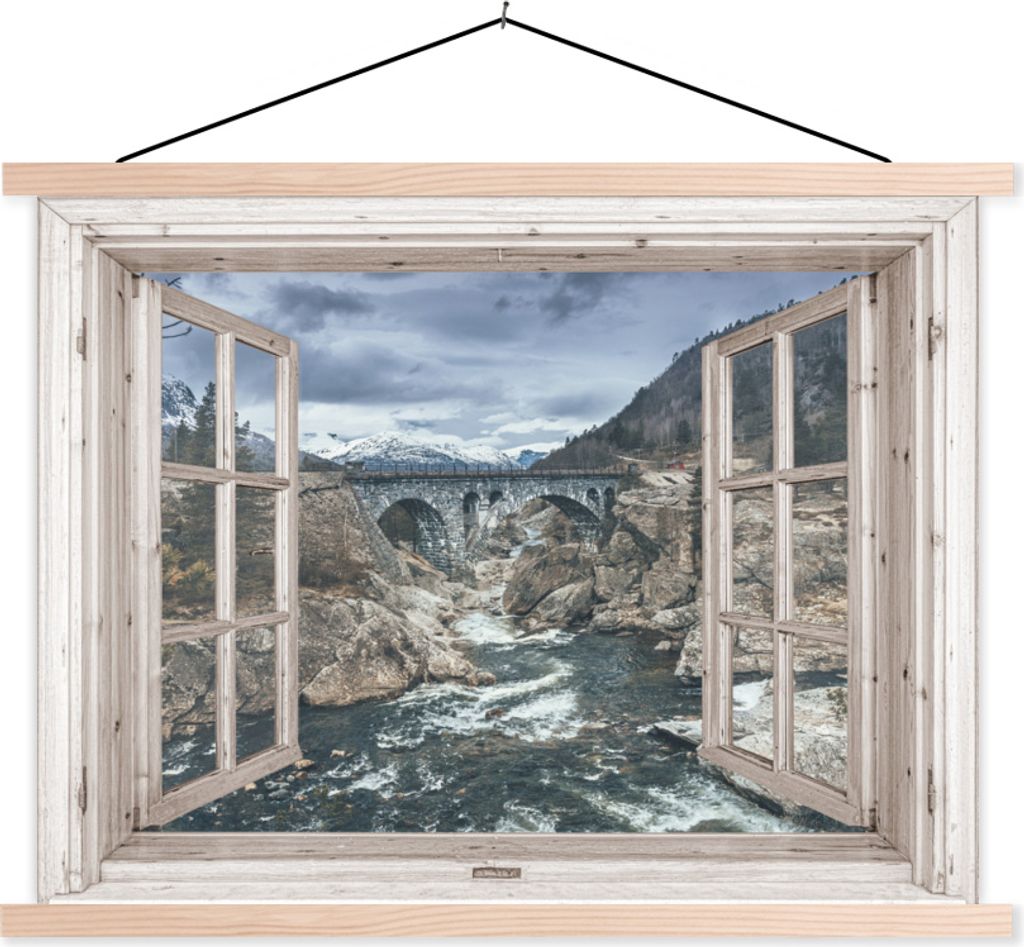 MuchoWow Textilposter Aussicht - Brücke - Wasser 120x90 cm mit holzfarbenen Rahmen - Magnetisch