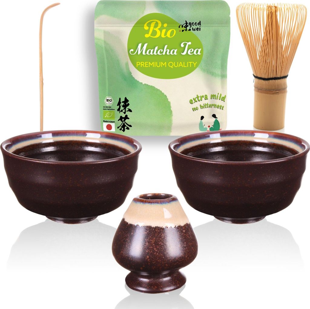 Matcha Duo Set "Kumo" mit 2 Schalen, Besen, Besenhalter & Matchapulver + Cocos – ideales Starterset für zwei und Matcha-Einsteiger