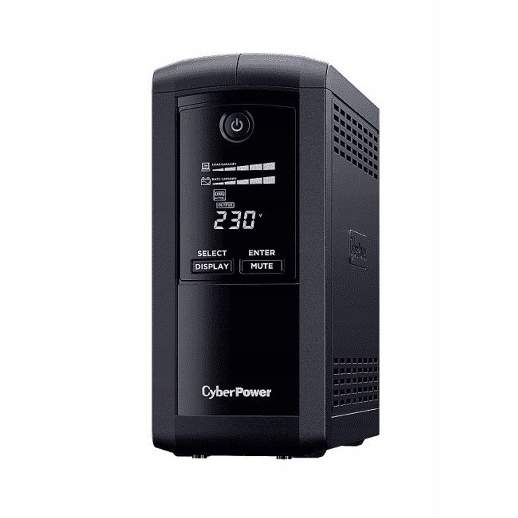 A black CyberPower uninterruptible power supply (UPS) unit is shown against a white background.