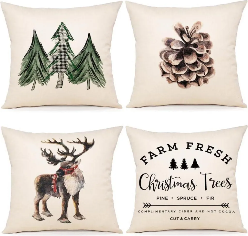 Décoration de Noël pour canapé : lot 4 housses coussin 40x40 lin