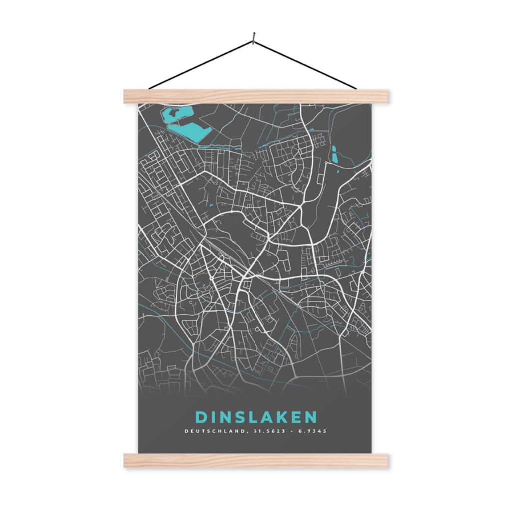 MuchoWow Textilposter Karte - Stadtplan - Dinslaken - Deutschland - Blau 120x180 cm mit holzfarbenen Rahmen - Textil-Plakat