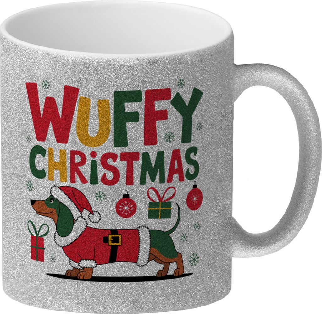 Farbenfroher Dackel Weihnachtsmann - Glitzer-Kaffeebecher Wuffy Christmas