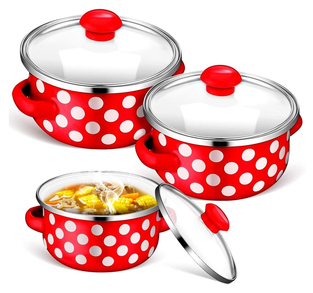 Mini Emaille Kochtopfset 3-teilig mit Deckel, kleine Suppentöpfe für alle Herdarten, rot mit weißen Punkten, geeignet für Suppen und Eintöpfe