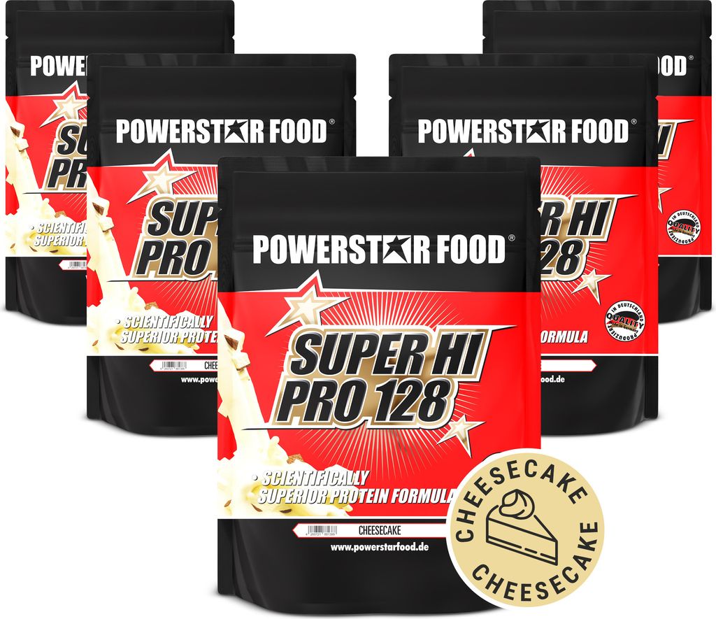 Powerstar SUPER HI PRO 128 | Mehrkomponenten Protein-Pulver 5x1kg | Höchste Biologische Wertigkeit | Protein-Shake zum Muskelaufbau | Cheesecake