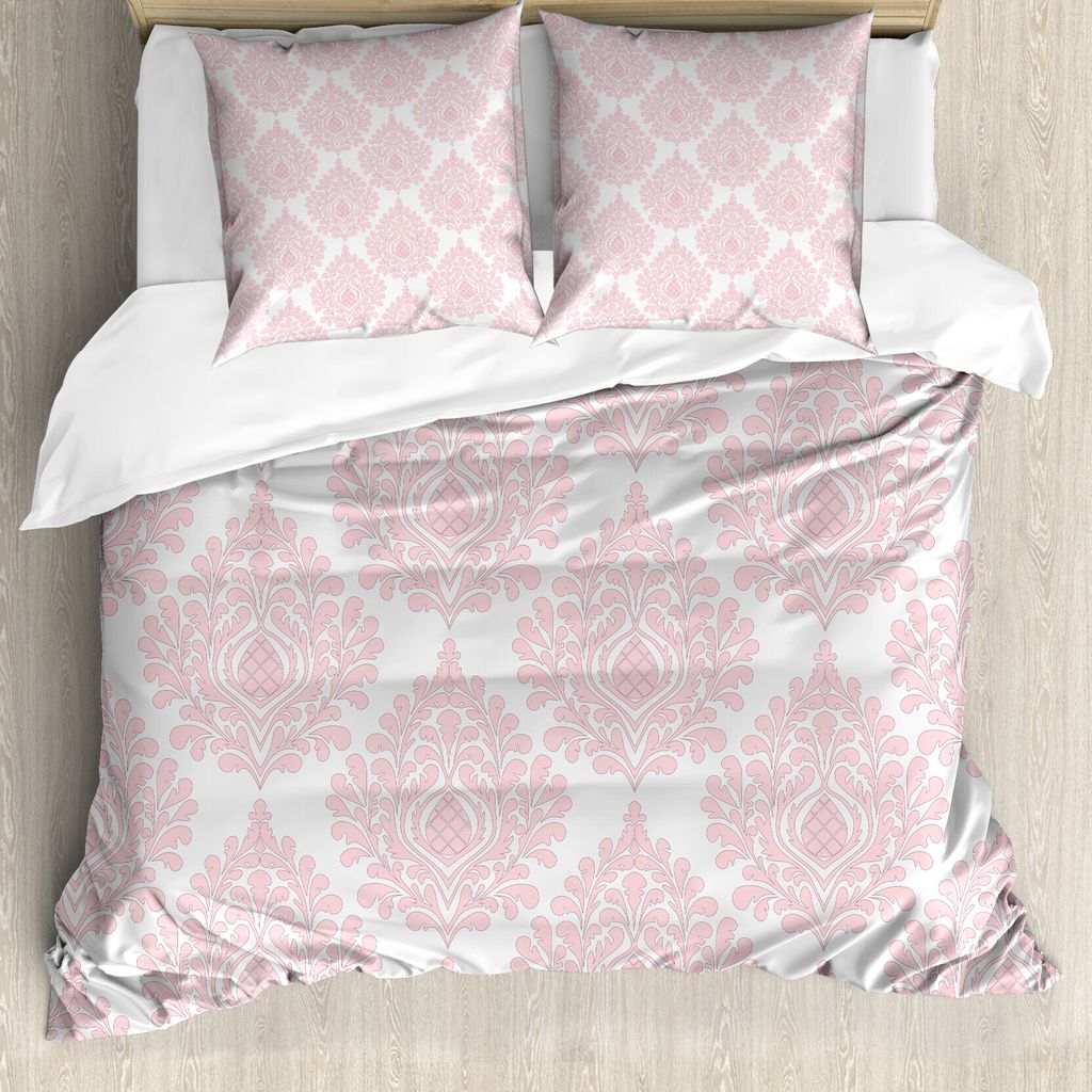 ABAKUHAUS Damast Bettbezug, Rosa Victorian Pattern, Milbensicher Allergiker geeignet mit Kissenbezügen, 155 cm x 220 cm - 80 x 80 cm, Pink und Weiß
