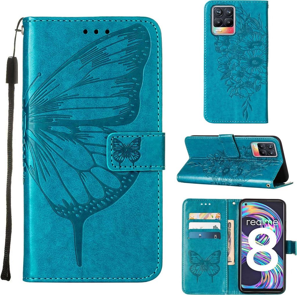 OPPO Realme 8 Hülle, Schmetterling Prägung Flip Leder Kartenfächer Schutzhülle Ledertasche mit Ständer für OPPO Realme 8 / Realme 8 Pro Blau