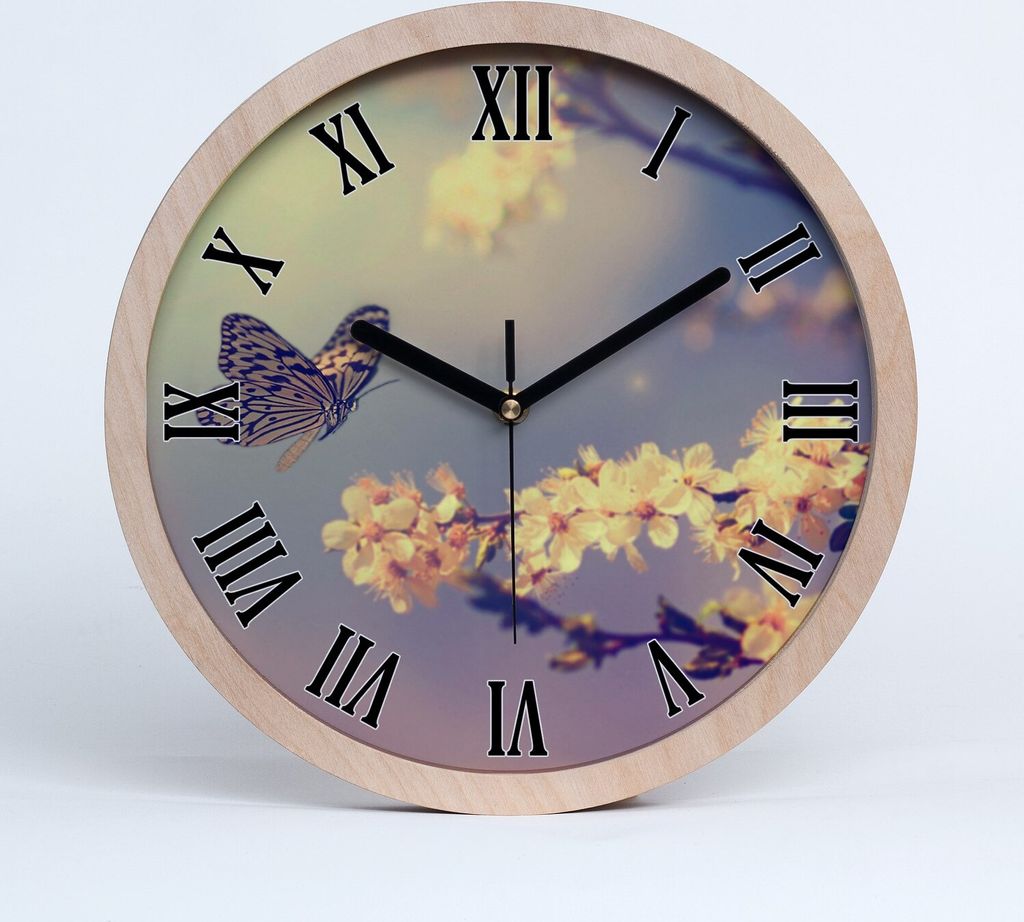 Holzuhr 20fi cm wanduhr - schwarze Spitzen - Kirschblüte und Schmetterling