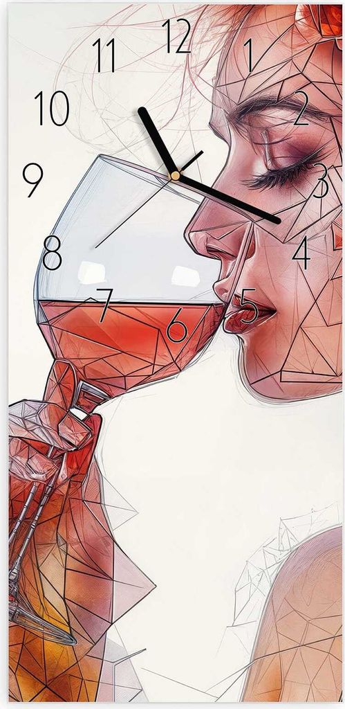 Wanduhr aus Glas mit Motiv Weintrinkende Frau- 30 x 60 cm - inkl. Aufhängesystem