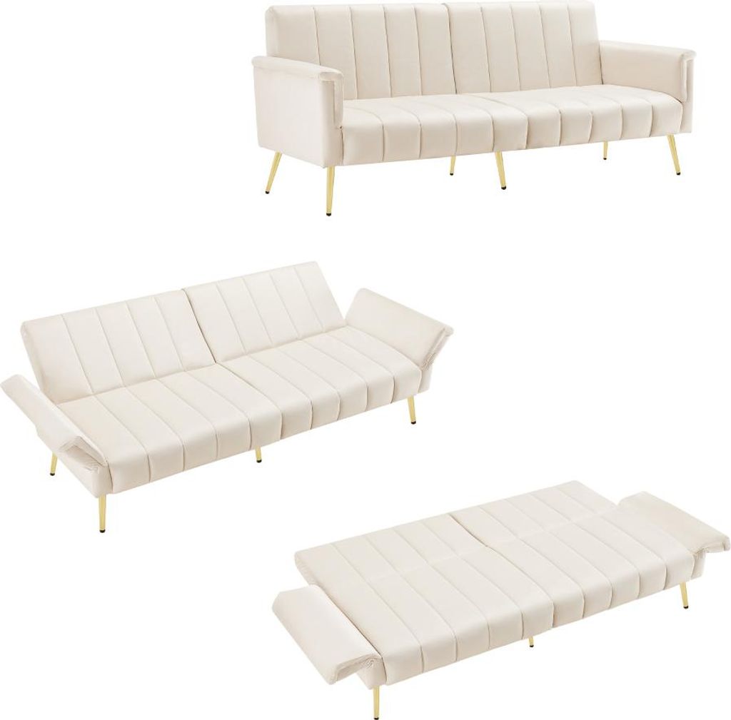 AIORBER Modernes Schlafsofa klappbar mit Armlehnen, verstellbarer Rückenlehne, Samt, Metallfüßen, 2-Sitzer, Gästezimmer, Schwarz/Beige/Grau