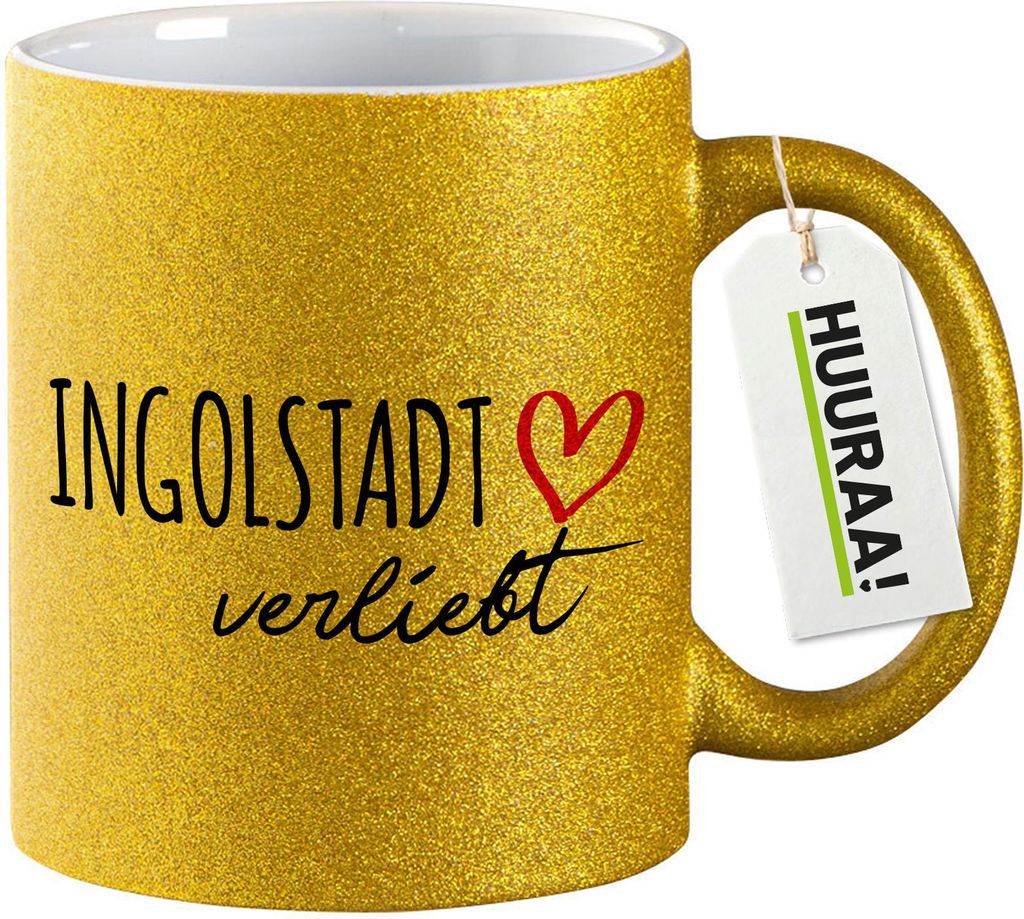 Huuraa Glitzertasse Ingolstadt verliebt 330ml Gold Keramik Kaffeebecher Geschenkidee