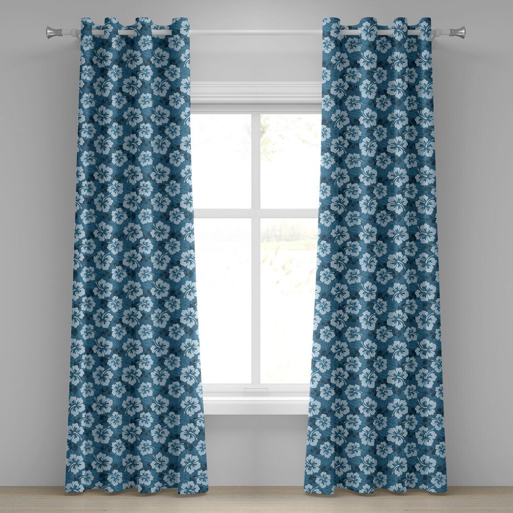 ABAKUHAUS Blau Ösenvorhang, Muster von hawaiischen Hibiscus Flowers und verlässt exotische Hawaii-Insel-Natur, Dekorative 2-Panel-Fenstervorhäng...