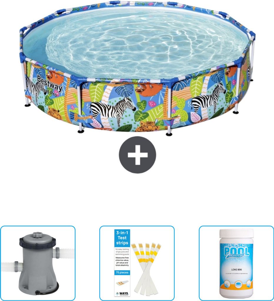 Bestway Round Steel Pro-Schwimmbecken – 305 x 66 cm – Dschungel-Druck – im Lieferumfang enthalten Pumpe - Teststreifen - Chlor