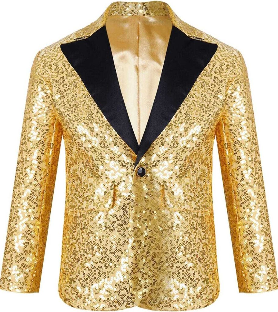 Goldene Pailletten-Jacke für Jungen Gr. 164 Cm – Glänzender Smoking-Blazer für Hochzeit, Party & Karneval und Festliche Anlässe