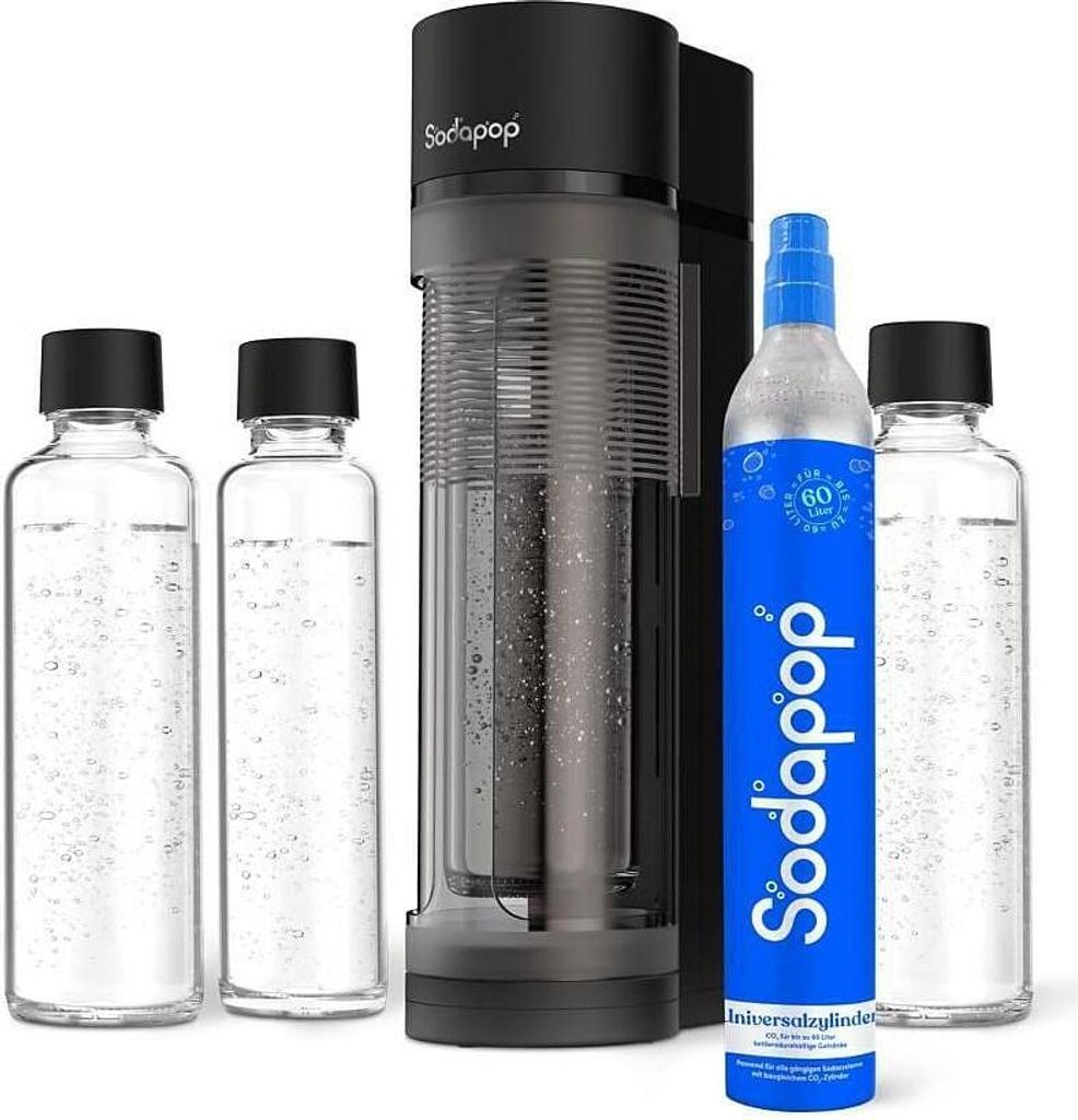 A soda maker with bottles and a CO2 cylinder against a white background.