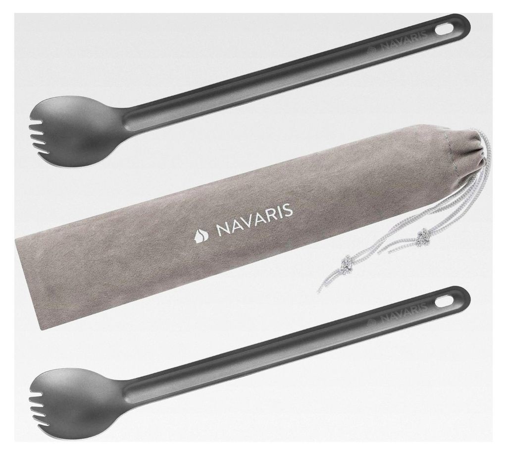 2in1 Titan Campingbesteck Set - 2x extra langer Outdoor Göffel Spork - Löffel Gabel mit Tasche - Essbesteck Kombination - Reisebesteck