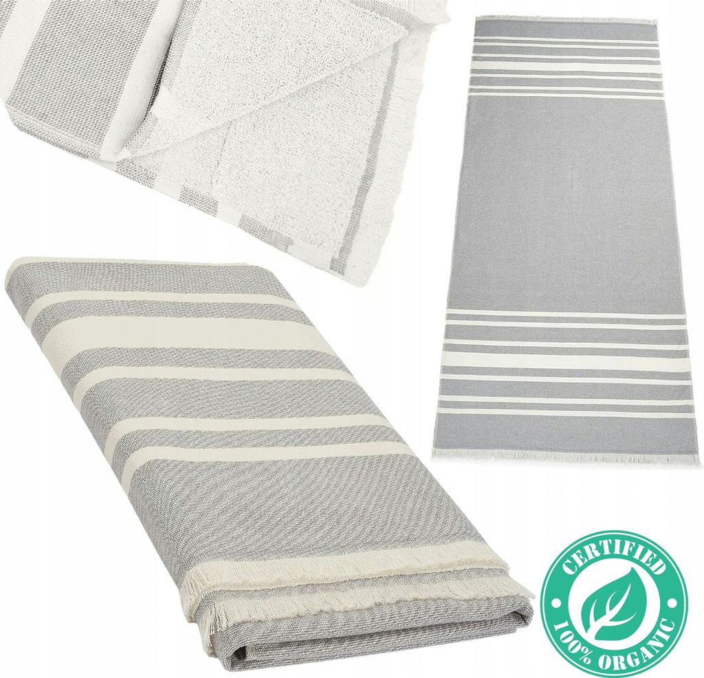 Herren Fouta Hamamtuch, Strandtuch, Saunatuch – Natur & Grau – 80 cm x 180 cm