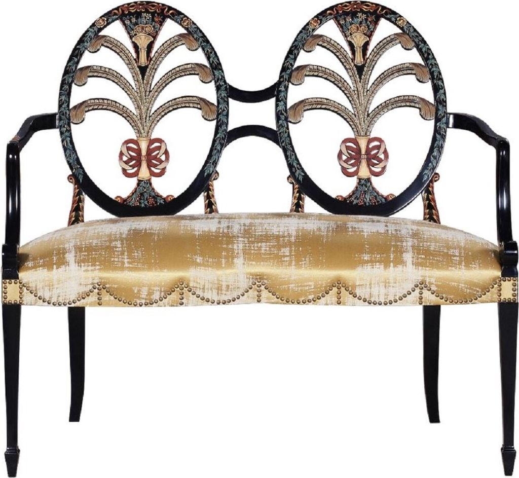 Casa Padrino Luxus Jugendstil Sitzbank mit Armlehnen Gold / Schwarz - Handgefertigte Massivholz Bank - Barock & Jugendstil Wohnzimmer Möbel