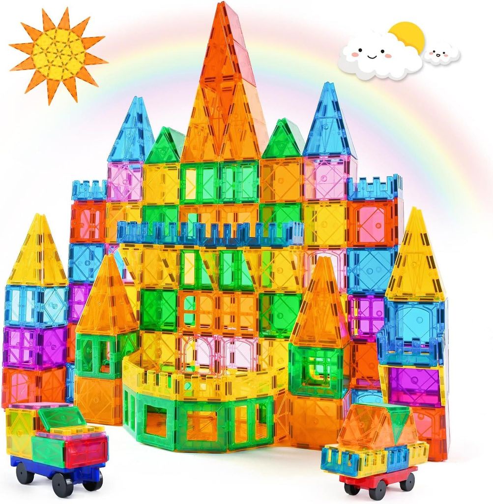 Magnetische Bausteine, 100PCS Magnetbausteine Set mit 2 Autos STEM Montessori Magnet Spielzeug Kinder für Geschenk