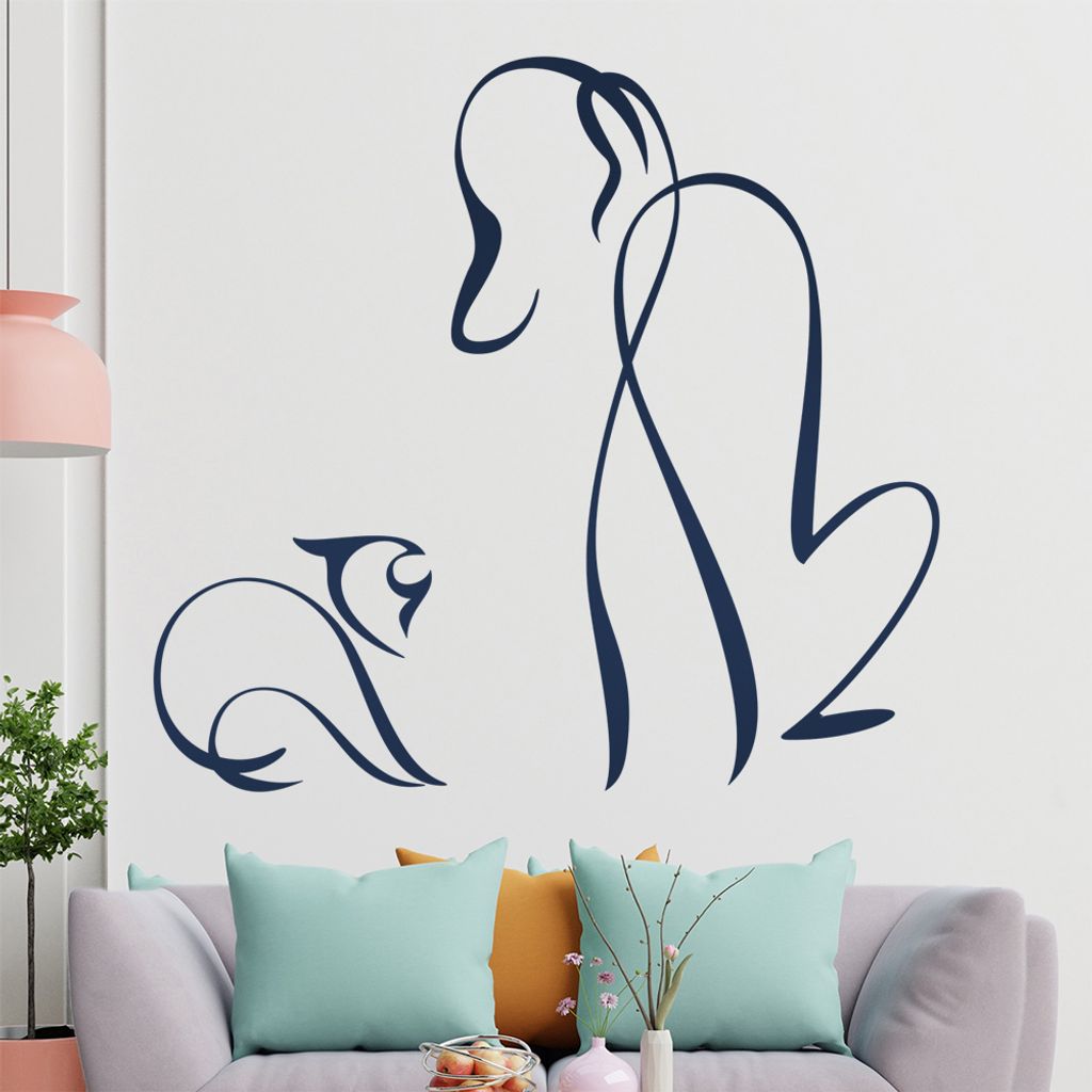 Hund und Katze Linien Wandtattoo in 6 Größen - Wandaufkleber Wall Sticker - Dekoration, Küche, Wohnzimmer, Schlafzimmer, Badezimmer