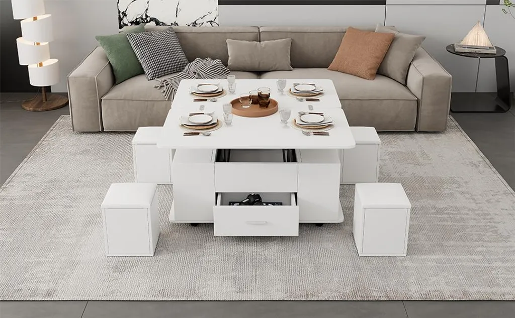 Sweiko Table Basse Réglable en Hauteur et Mobile avec 4 Tabourets Blanc - 20