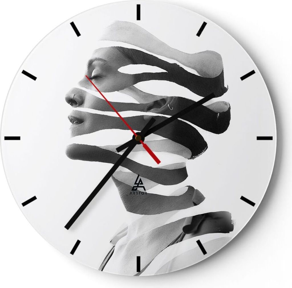 Wanduhr - Rund - Glasuhr - Frau Surrealismus Monochrom - 40x40cm - Schleichendes Uhrwerk - Lautlos - zum Aufhängen bereit - Dekoration Modern - Wa...