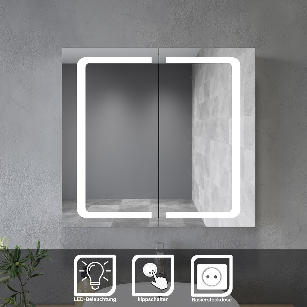 SONNI Spiegelschränke Edelstahl 70x65x13cm mit LED Kippschalter mit Rasiersteckdose