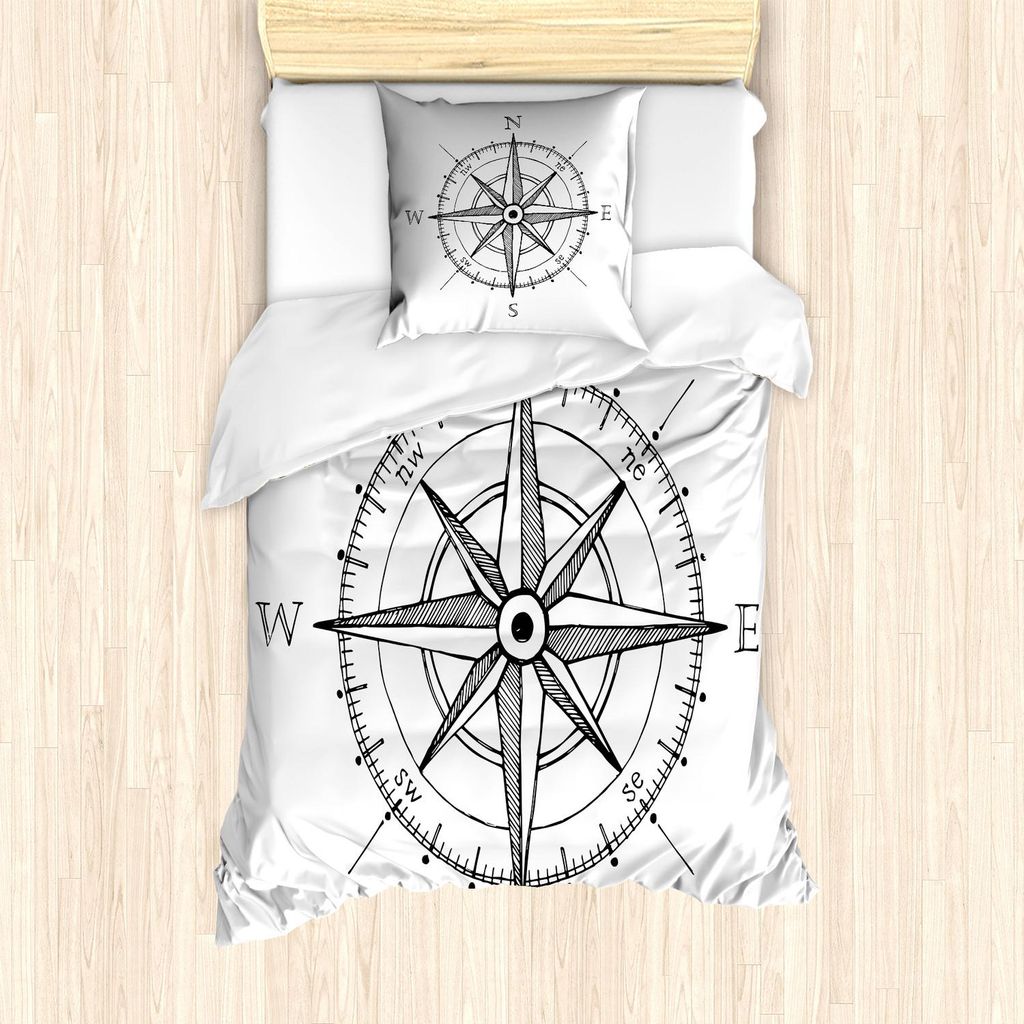 ABAKUHAUS Kompass Bettbezug Set, Skizze von Kompass Windrose Nord Süd Ost Westen Richtungen Muster, 135 x 200 cm + 80 x 80 cm, Weiß Schwarz