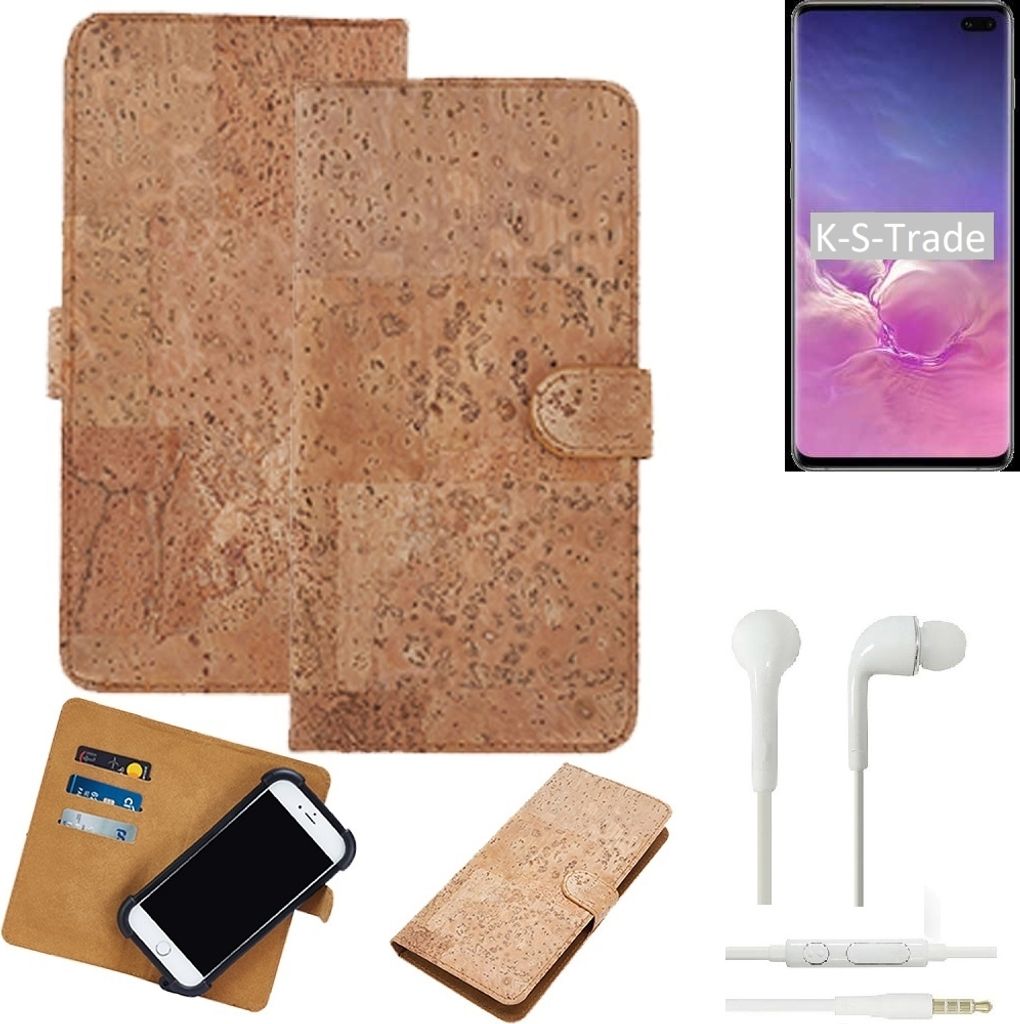 K-S-Trade Hülle kompatibel mit Samsung Galaxy S10+ (Dual-SIM) + in ear Kopfhörer Kork Handyhülle Cover Schutzhülle TPU Case Bumper in Hellbraun,