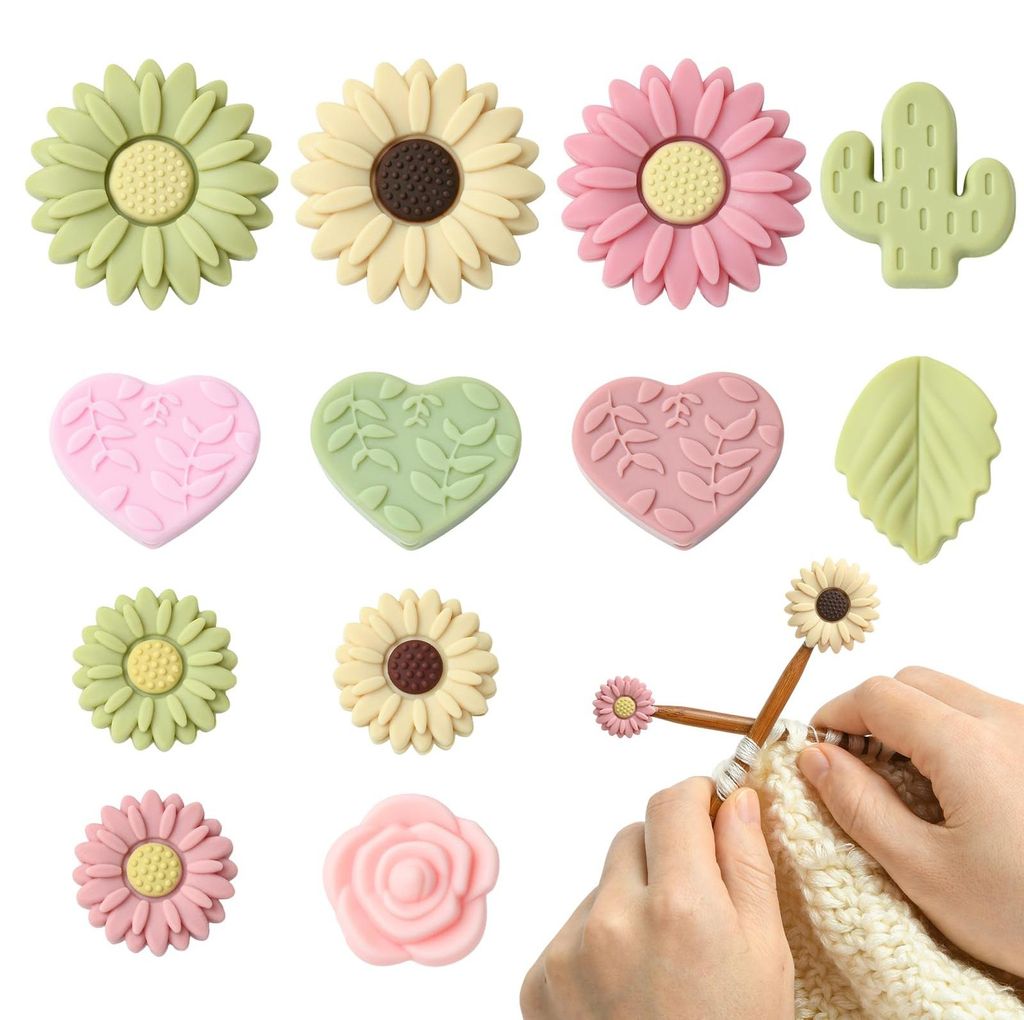12 Silikonstopfen in Herz- oder Blumenform für Stricknadeln von 2–2,5 mm