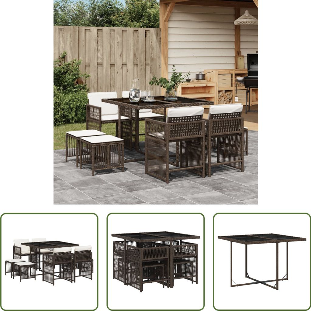 The Living Store 9-tlg. Garten-Essgruppe mit Kissen Braun Poly Rattan