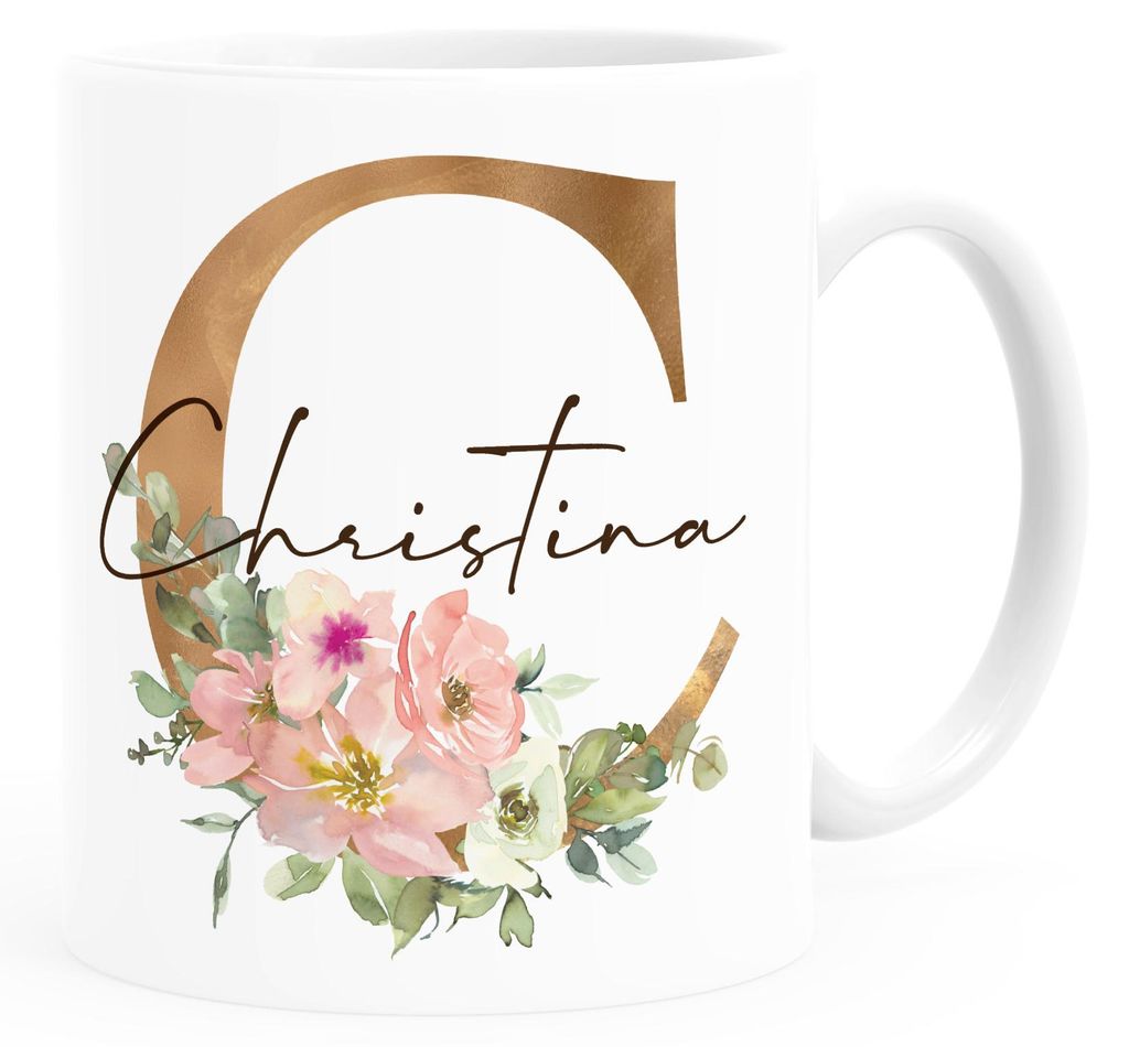 Kaffee-Tasse mit Namen personalisiert Anfangsbuchstabe Initiale Monogram Blumen persönliche Geschenke SpecialMe weiß Keramik-Tasse