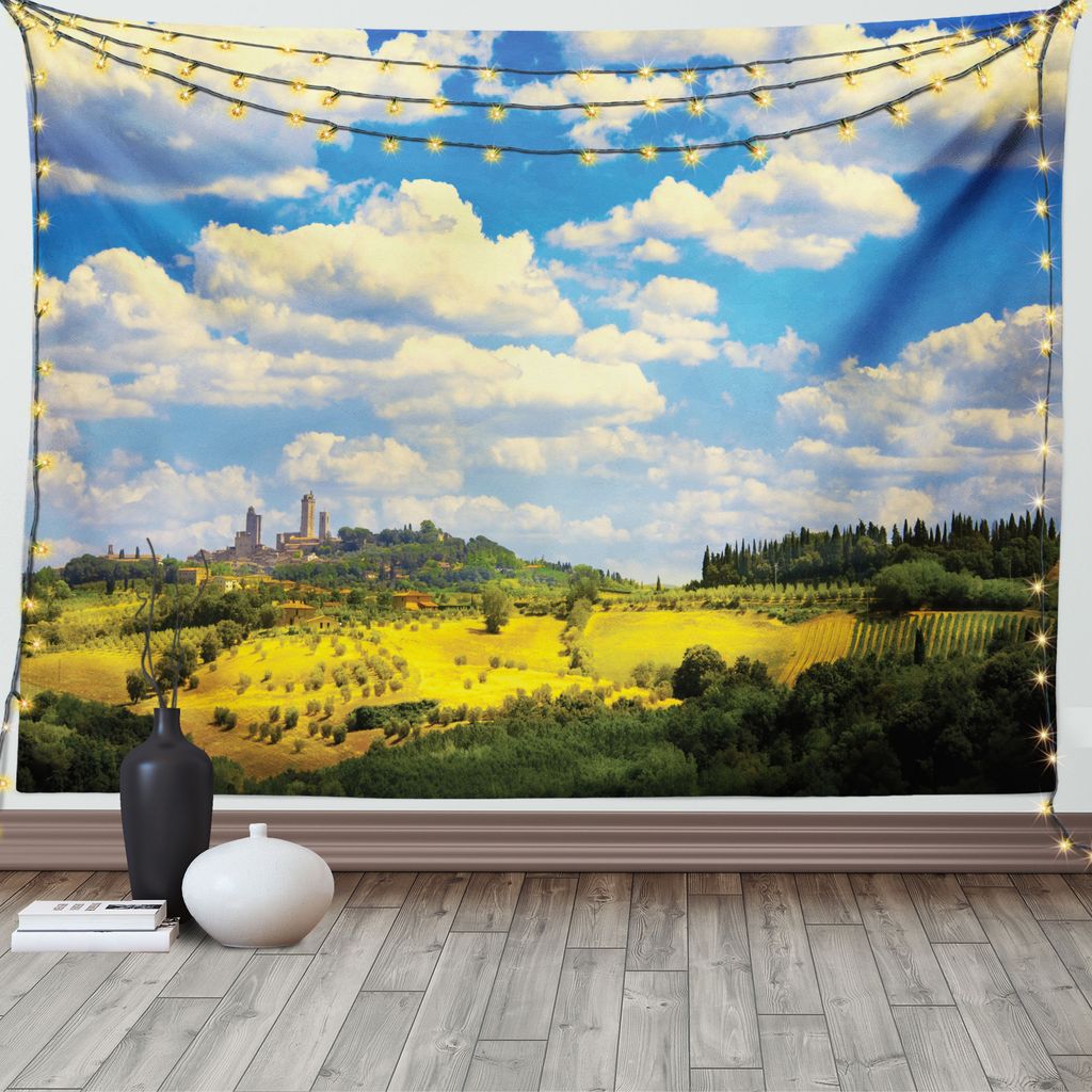 ABAKUHAUS Italien Wandteppich, Historische Dorflandschaft, Wohnzimmer Schlafzimmer Heim Seidiges Satin Wandteppich, 200 x 150 cm, Weiß Grün Blau