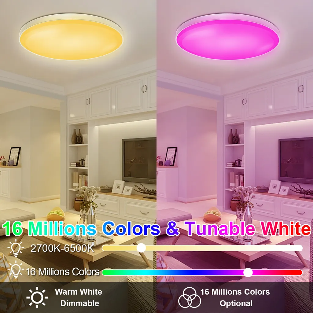Plafonnier LED RGB WiFi 30W Dimmable avec Télécommande et Commande Vocale