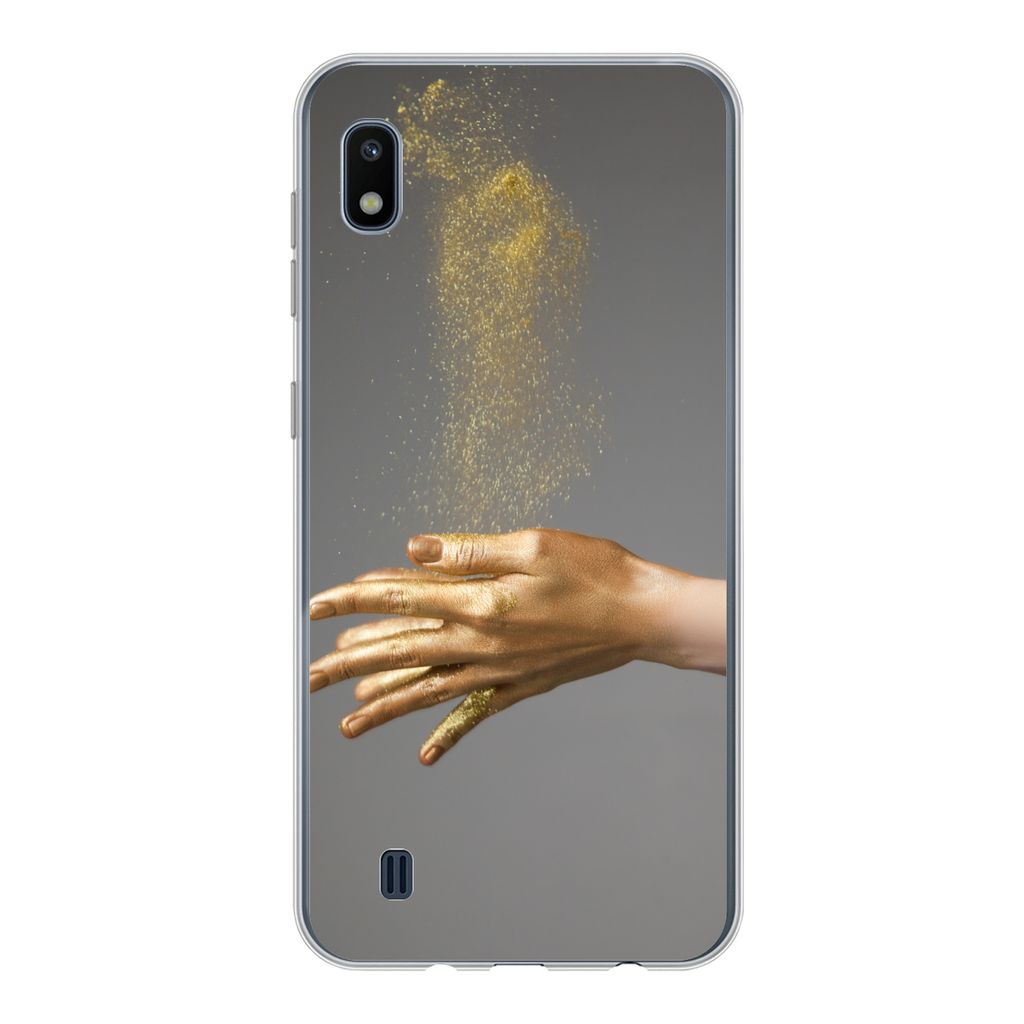 MuchoWow Handyhülle Schutzhülle Hülle für Samsung Galaxy A10 Frau mit goldgefärbten Händen und einer Glitzerwolke Silikon Softcase Handy H...