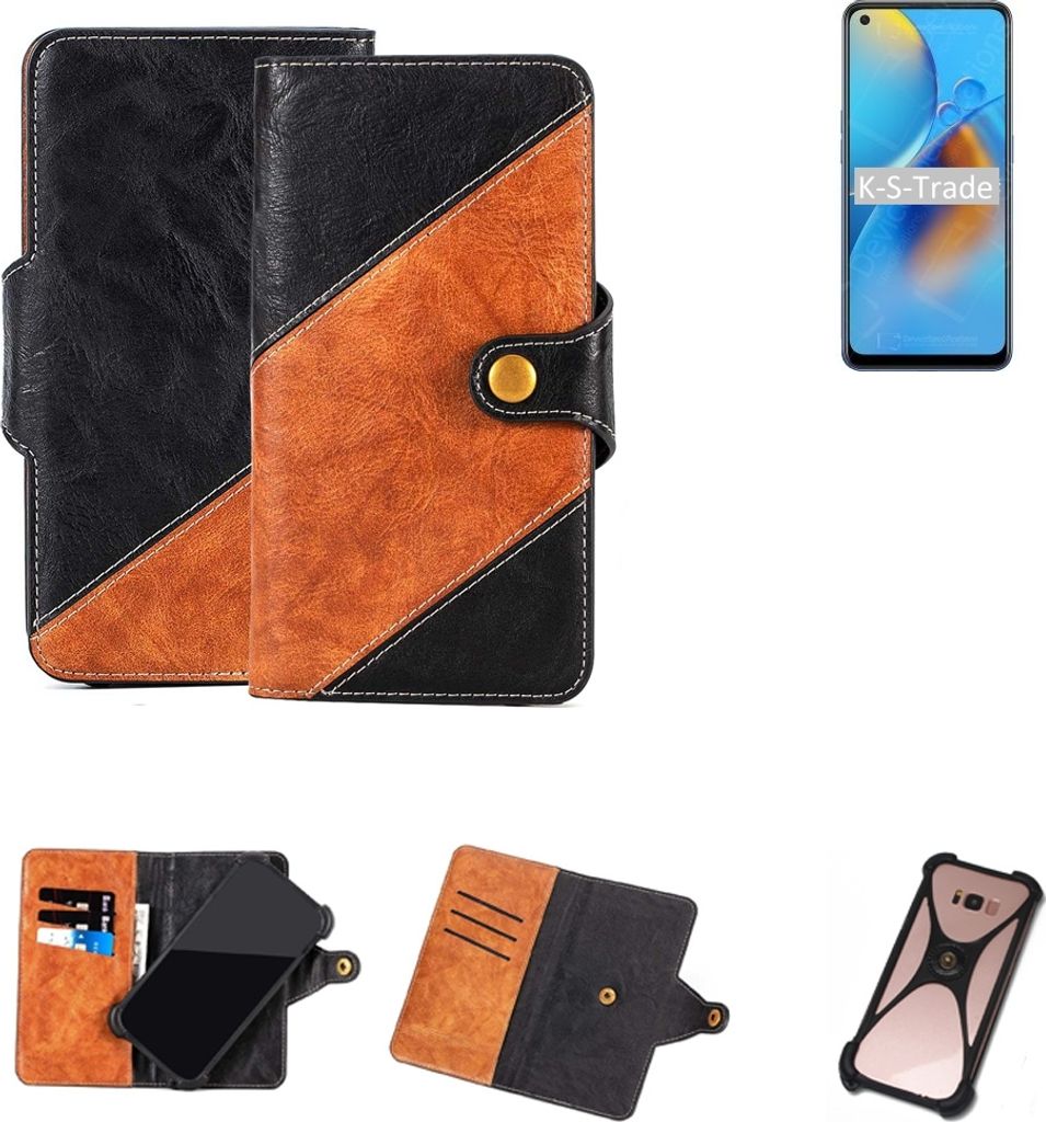 K-S-Trade Handyhülle Schutzhülle Bookstyle Case Wallet-Case kompatibel mit Oppo A74 4G Handy Cover Bumper Klapphülle schwarz hellbraun 1x