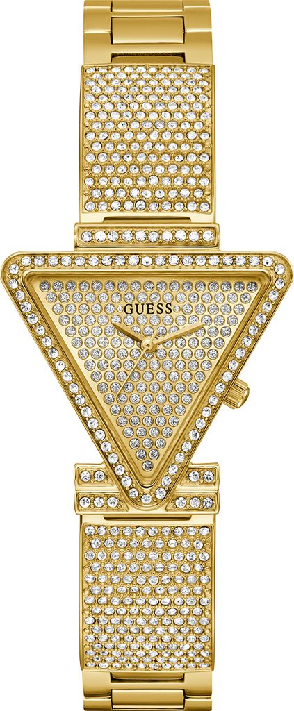 A close-up, studio shot of a gold-colored Guess watch with crystal embellishments.