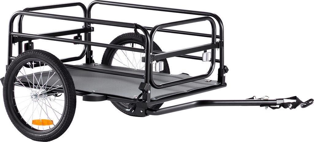 A bicycle cargo trailer is shown against a white background.