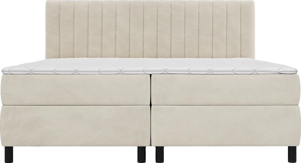 Komplettes Boxspring-Set mit Kopfteil mit vertikalen Nähten + Lattenrost + Matratze + Matratzenauflage – 2 x 90 x 200 cm – Velours – Beige ...