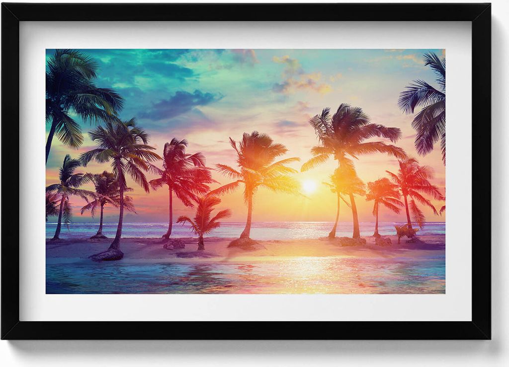 Palmen in Miami bei Sonnenaufgang– Wandbild mit Rahmen – Gerahmtes Bild – Wanddekoration – 60x40 cm – Schwarz Rahmen